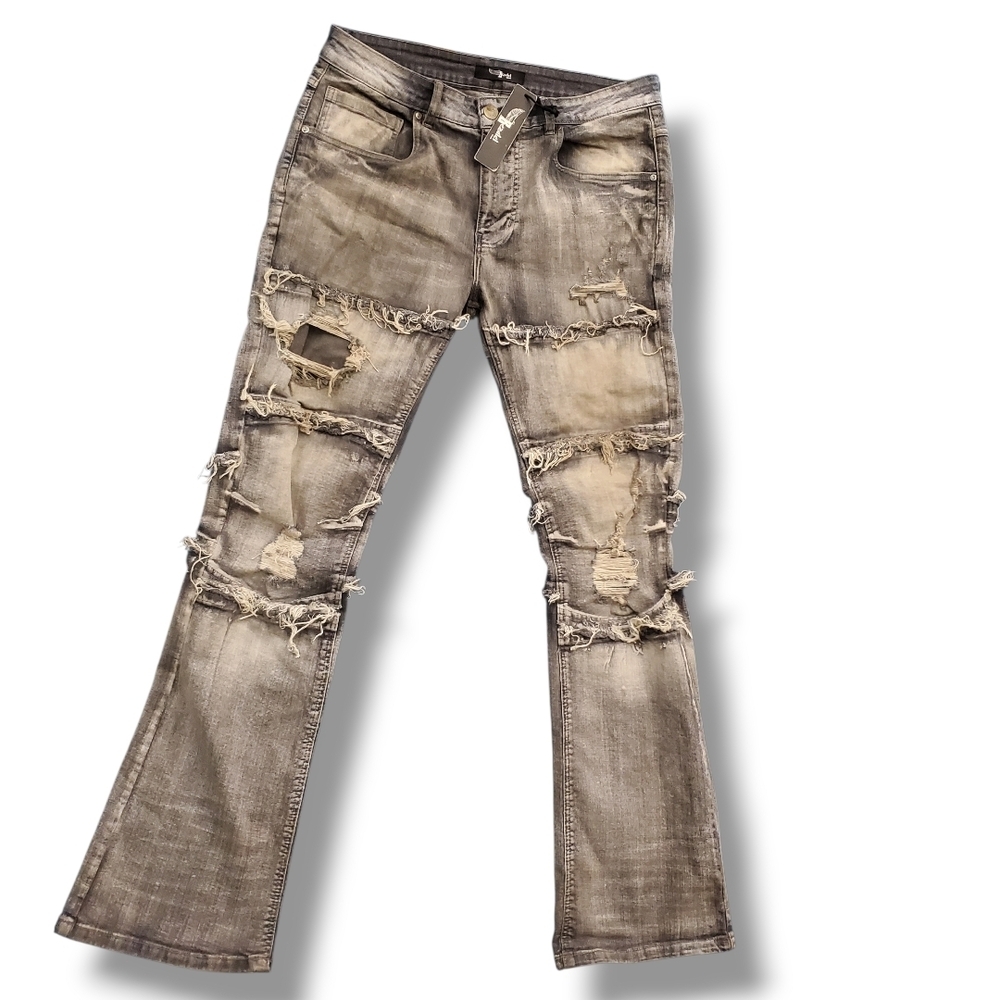 Bezalel Denim Distressed Flared Jeans Gray Washed Ripped Bell Bottom Size 36x34